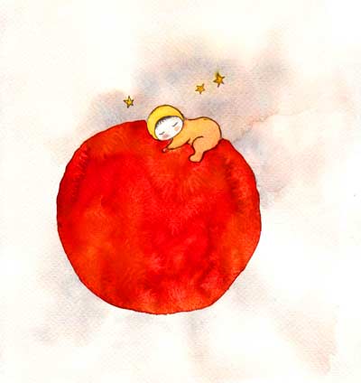 イラスト「赤い丸に抱きつく赤ちゃん」
