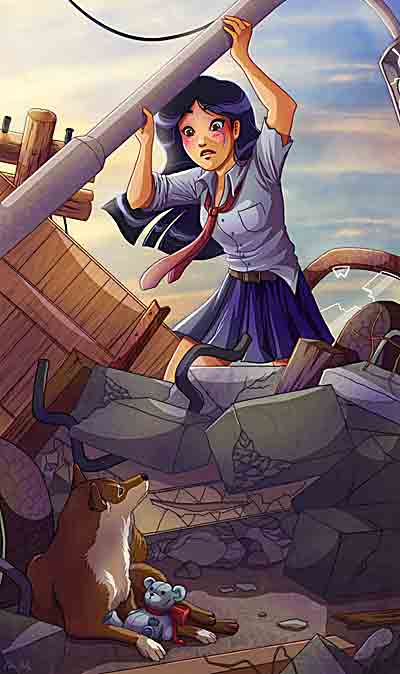 イラスト「瓦礫の中にペットを見つけた女子高生」