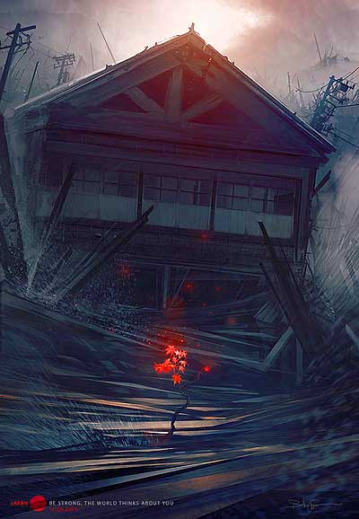 イラスト「瓦礫と化した家と鮮烈な紅葉」